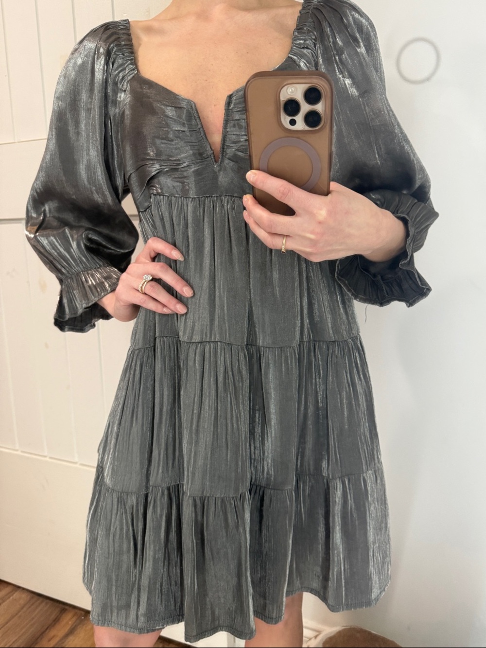 entro Metallic Slate Tiered V-Neck Mini Dress - Picture 3 of 5